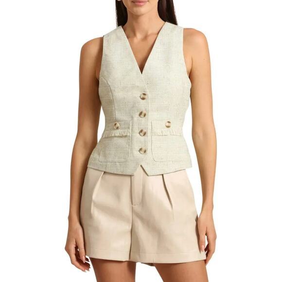 Avec Les Filles Green Textured Tweed Suit Vest Fringe Pockets V-Neck Size Small - Picture 1 of 13